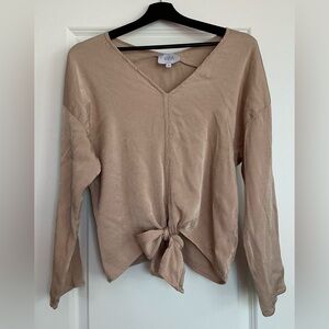 J.O.A. Tan V-Neck Blouse with Tie Detail